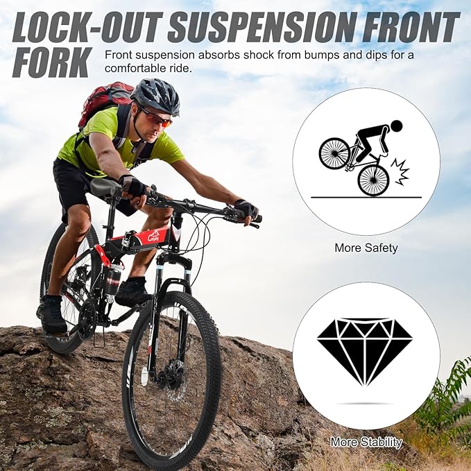 24/26/27.5 Inch Foldable Bikes for Adults 21 Speed Mountain Bike, Adult Bicycle with High Carbon Steel Frame, Full Suspension, Dual Disc Brake & Adjustable Ergonomic Seat(Black/Red)