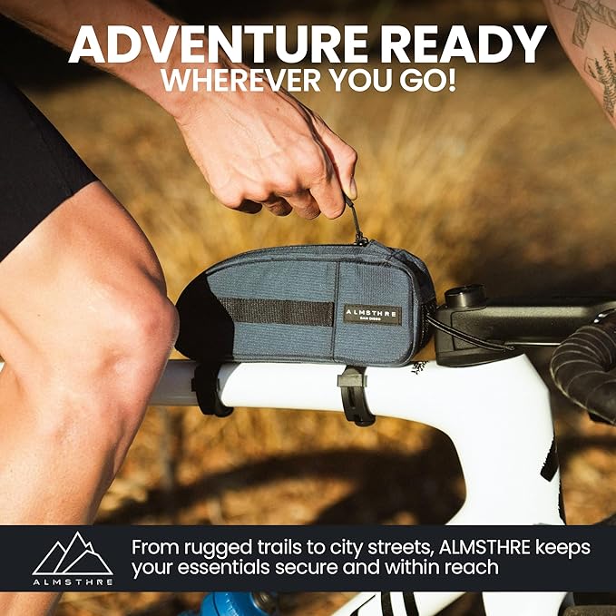 ALMSTHRE Top Tube Bag 8'' x 2'' x 3'' | Waterproof, Secure & Stable – Universal Bike Storage with Versatile Mounting – Fits Essentials | Adventure-Ready Cycling Gear