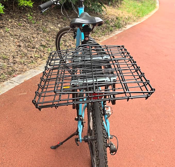 THALOUS Large Bike Rear Basket Thickened Folding Bicycle Basket with Leather Liner Bag Waterproof Cover Cargo Net Quick Release