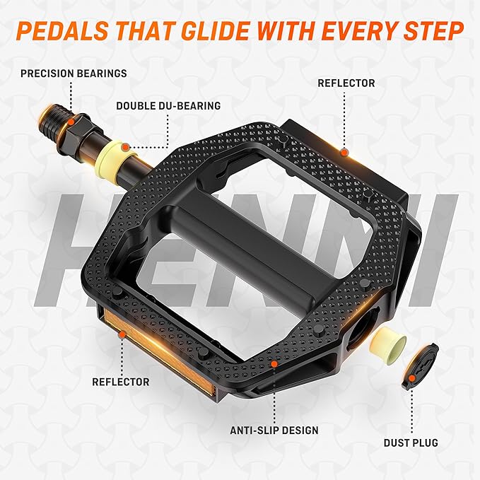 HENMI Bike Pedals,Fits Most Adult Bikes,9/16" Bicycle Pedals with Reflective Strips, Bike Pedal Replacement,Fits Most Adult Road EBike MTB Bicycles for Men and Women（HMBP-D03）