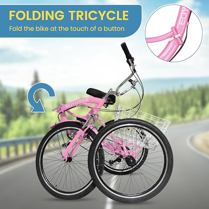 NAIZEA Folding Adult Tricycle - 7 Speed 20/24/26 Inch Folding Tricycle for Adult, 3 Wheel Bike, Foldable Trike with Large Basket/Low-Step Through for Men Women Senior