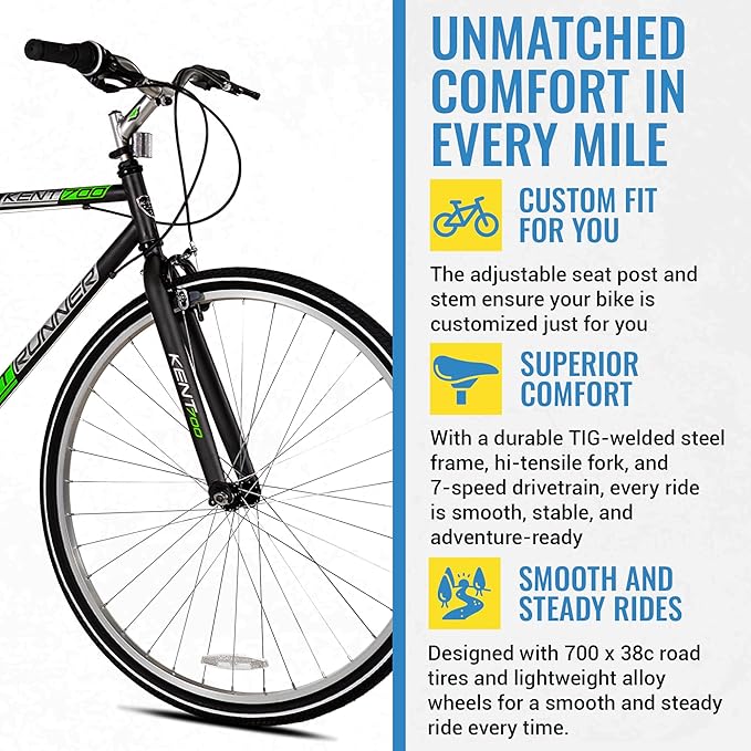 Kent International Front Runner Hybrid Bike - 700c - City Bike with 7 Speed Drivetrain, Lightweight Alloy Wheels, and Height Adjustable Seat Post and Stem - Great for Women and Men Ages 14+