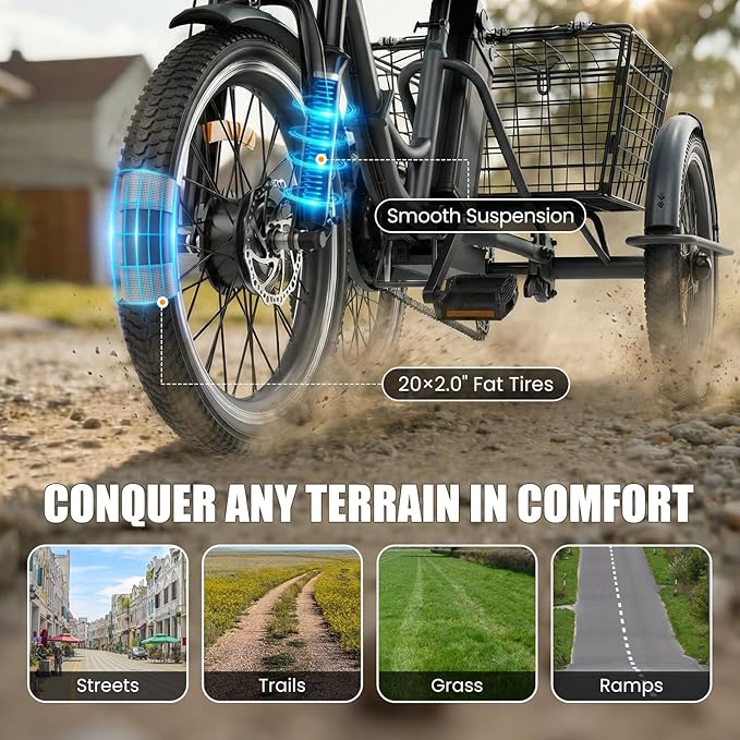 Electric Tricycle for Adults, Peak 1200W Electric Trike, Foldable Electric Bike with 468Wh/720Wh/960Wh Removable Battery, Step-Thru 3 Wheel Electric Bikes for Women Men, 20 Tire