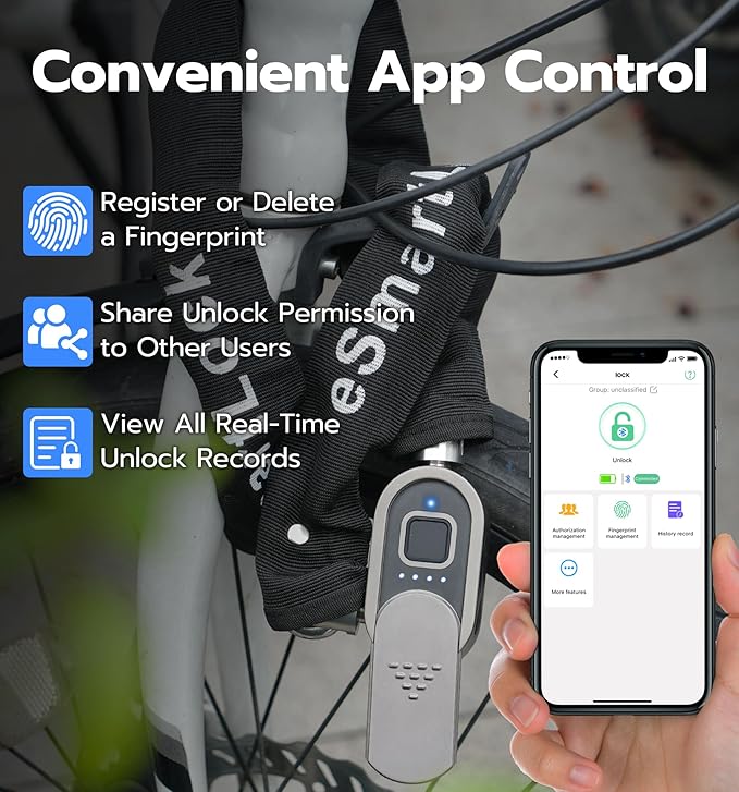 Anweller Fingerprint Bike Chain Lock, Heavy Duty Anti-Theft Weatherproof Bluetooth App Smart Lock for Bicycle, Motorcycle, Scooter, Moped, Outdoor Fence, Gate, Snowboard, Ski (0.31" Bold, 3.3' Long)