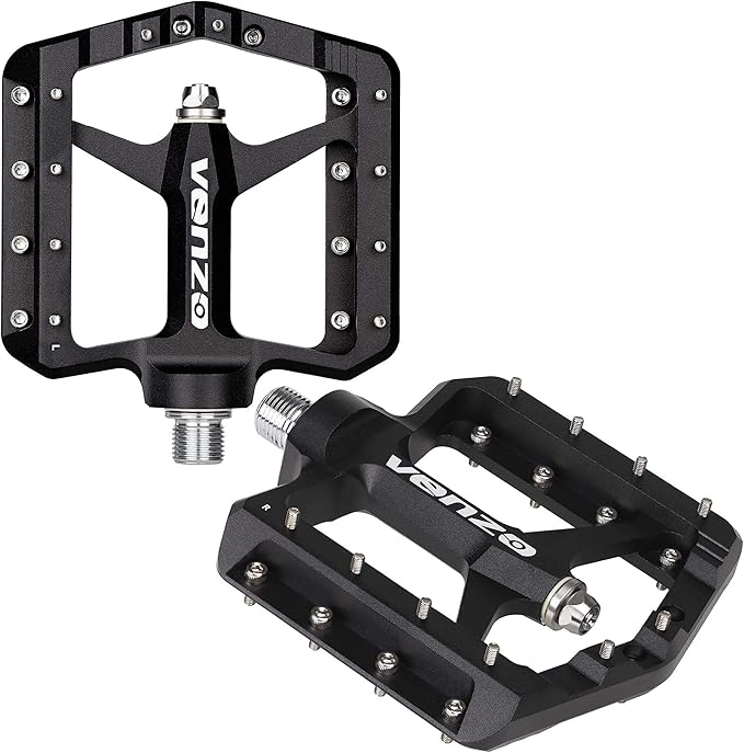 VENZO Flat Mountain BMX MTB CNC Bike Sealed Oversized Bearing Pedals - Large Bicycle Platform -98mm x 98mm- 15mm Thickness - Pedals 9/16" with Anti-Skid Anti-Slip Nail - Downhill