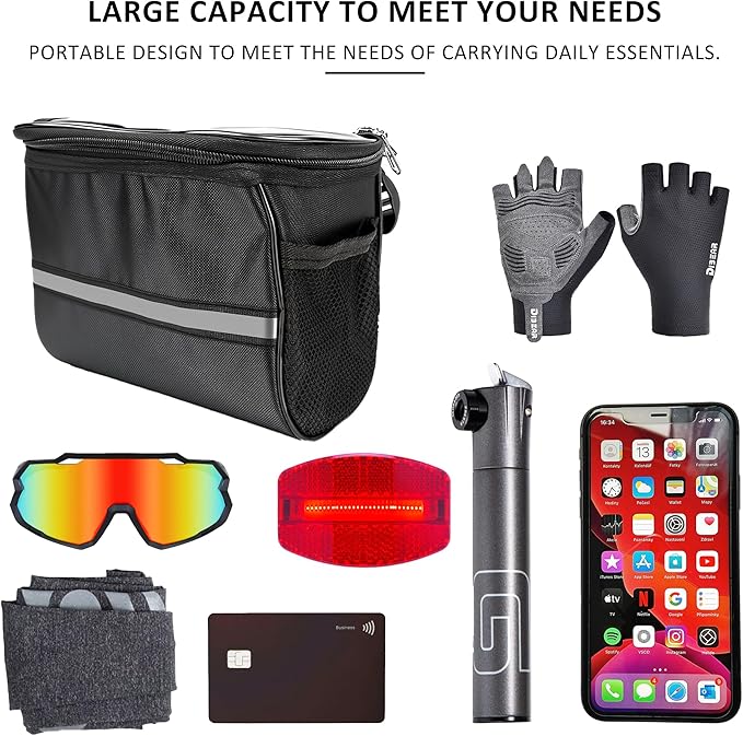 Bike Handlebar Bag – Waterproof Bicycle Handlebar Bag with Reflective Strip, Lightweight Front Storage Pouch for Road & Mountain Bikes, Easy Installation Cycling Organizer