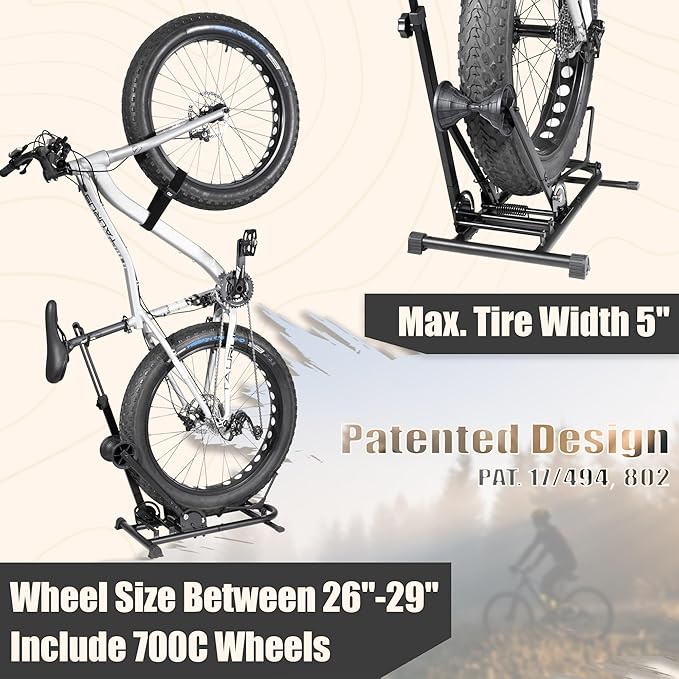CyclingDeal Vertical Bike Stand - for Fat Bike Snow MTB Road Bikes with Max 5" Tire Width - Vertical & Horizontal Adjustable Bicycle Parking Rack with Seatpost Stabilizer - Wheel Sizes up to 29"