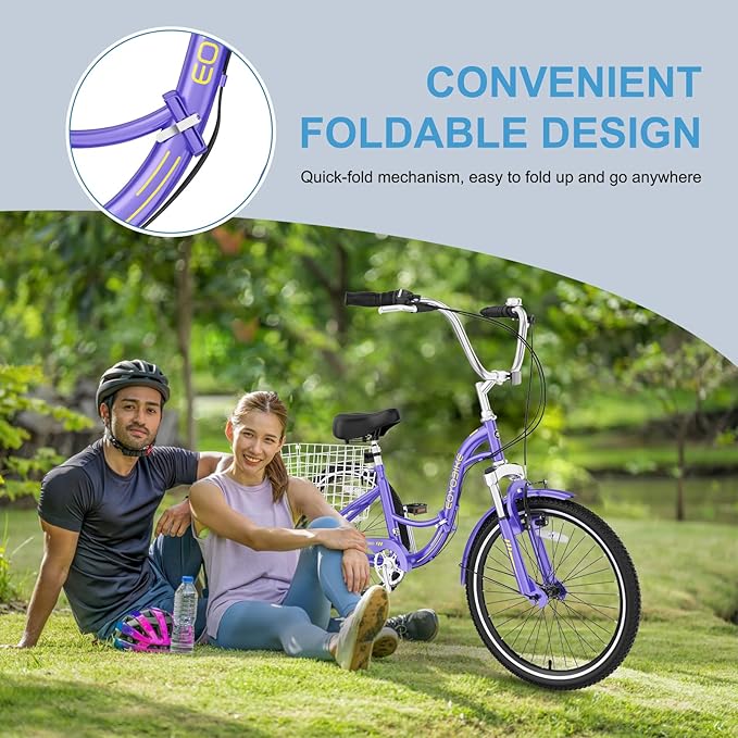 NAIZEA Folding Adult Tricycle - 7 Speed 20/24/26 Inch Folding Tricycle for Adult, 3 Wheel Bike, Foldable Trike with Large Basket/Low-Step Through for Men Women Senior