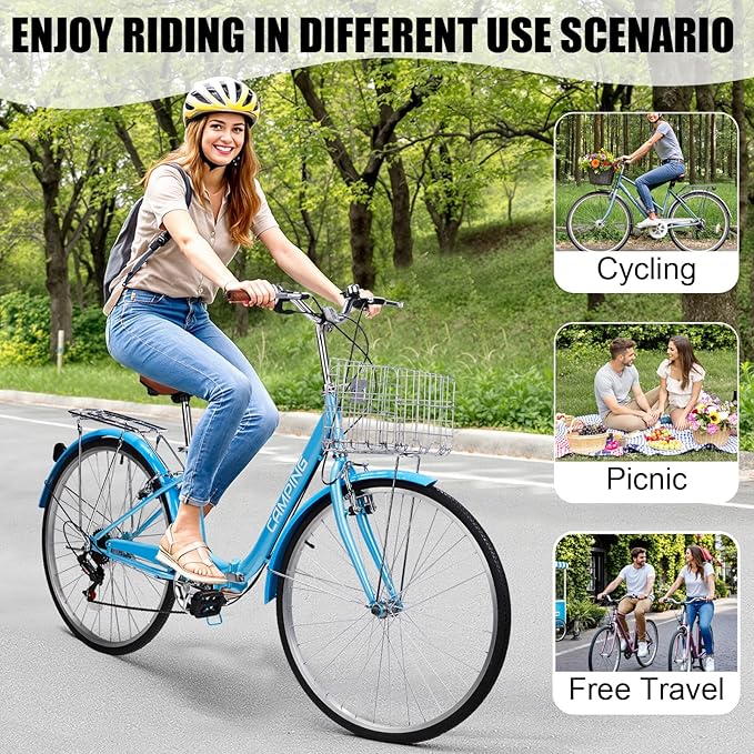 Foldable Cruiser Bike 7-Speed Cruiser Bike 26Inch Women Bicycle with Ergonomic Upright Frame, Effortless 7-Speed Shifting and Lightweight Design for Adult Men and Women