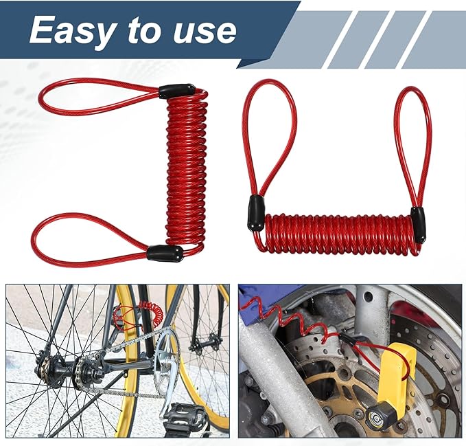 2-Pack Disc Lock Security Steel Cable, 59inch/1500mm PVC Coated Spring Reminder Wire Anti-Theft Rope for Outdoors Protection/Bicycle U-Lock, Motorcycle Reminder Cable [Red]
