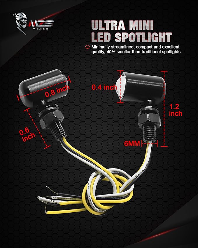 MZS Motorcycle LED Turn Signals, Front Light Amber+Amber and Rear Amber Mini Brake Tail Light Blinkers, Minimalist Design, Universal 6mm Screw Compatible with Most Family Motorcycles