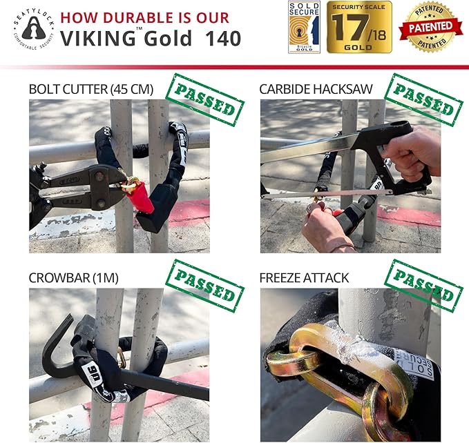 Seatylock Viking Bike Chain Lock with Key - Magnetic Patented Sold Secure Rated - Heavy Duty Anti Theft - Smart Ultra Security Bicycle Lock (55.11 in, Gold Rated)