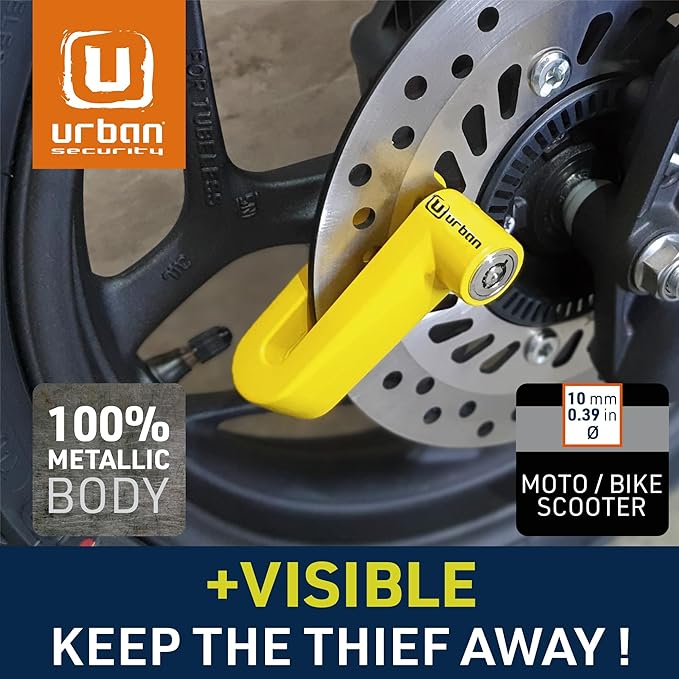 URBAN 922A Motorcycle Disc Lock, ø10mm Safer, More Visible, More Deterrent, Compact and Effective Security for Easy Transport, Anti Theft Wheel Brake Lock for Motorbike Scooter Electric Bike Bicycle