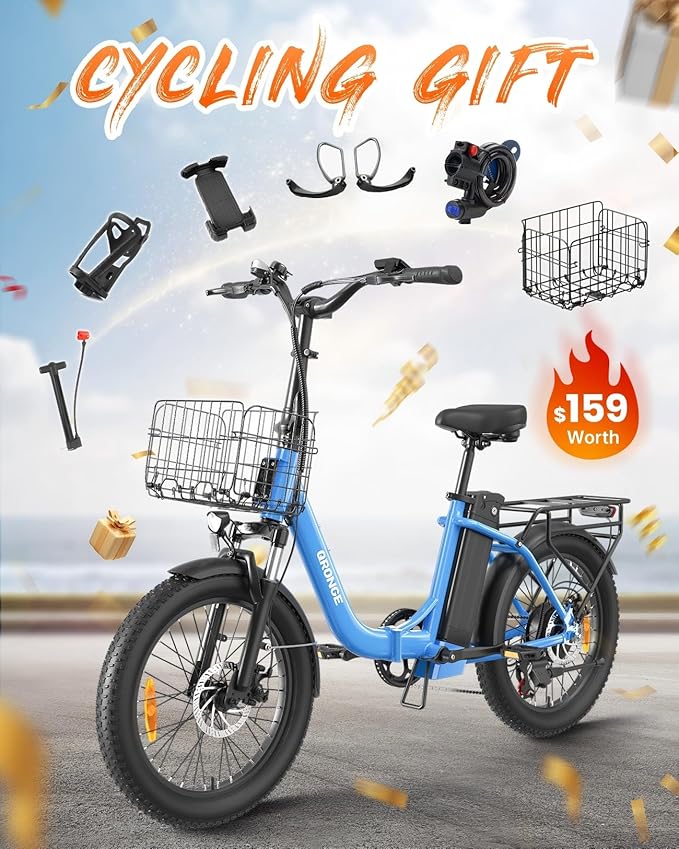 Electric Bike, 1000W Peak Folding Electric Bike, 486Wh 70 Miles Range Ebike, Waterproof Removable Battery, 7 Speed, 25 MPH Max, 20" Step-Thru Bicycle with Front Basket