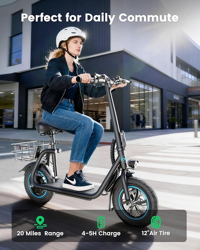 C1 Electric Scooter with Seat for Adults, 450W Motor, 20-Mile Range, 16 MPH, Foldable Commuter E-Scooter with Basket for Grocery, Pets, and Daily Commute– Carbon Black