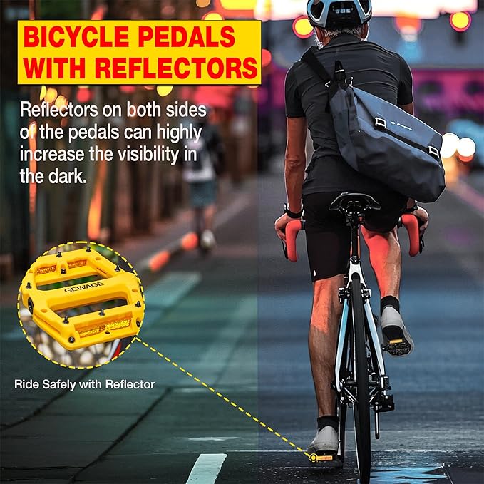 Mountain Bike Pedals 9/16 Inch - Bicycle Flat Pedals with Reflectors - Lightweight Nylon Fiber Wide Platform Pedals for Mountain Bike, BMX, Road Bike Pedals