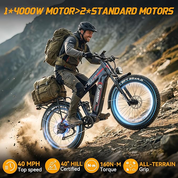 FREESKY Dual Battery 48V 41AH 160 Mile 40MPH Electric Bike for Adults, 4000W High-Torque Single Motor Long Range Fast Fat Tire Ebike, 26" Full Suspension Mountain E Bike, UL 2849 Certified by TÜV