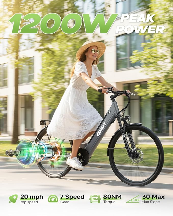 Electric Bike for Adults, 1200W Peak Commuter Ebike with 48V Built-in Battery 26" City Step Through E-Bike 7-Speed 65Miles 20Mph Urban Electric Bicycles for Women Men Teens