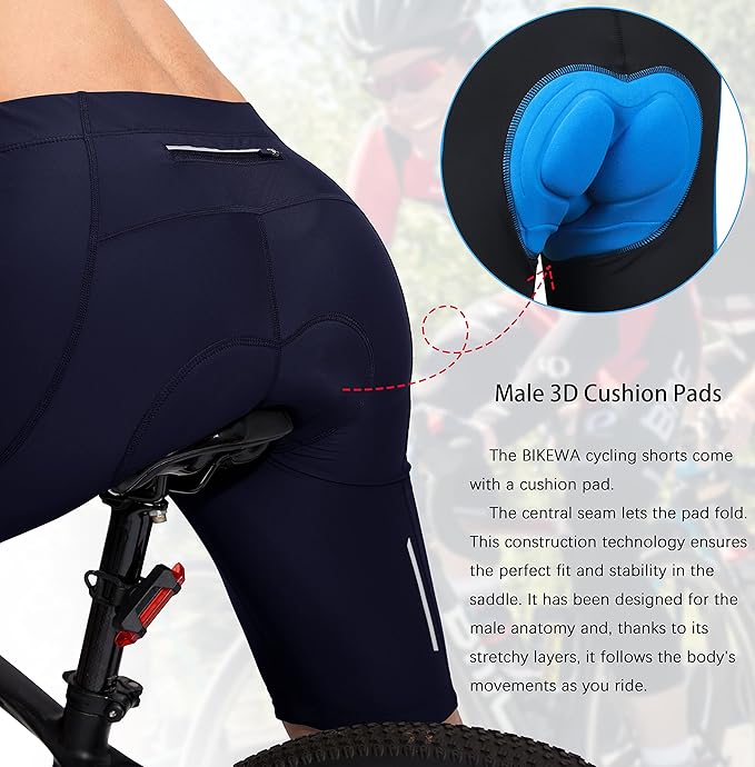 Bikewa Men's Bike Shorts 3D Padded Cycling Road Biking Mountain Riding Biker Bicycle UPF 50+ Cycle Shorts Zipper Pockets