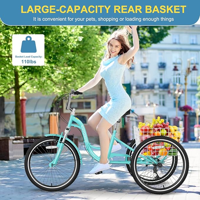 NAIZEA Folding Adult Tricycle - 7 Speed 20/24/26 Inch Folding Tricycle for Adult, 3 Wheel Bike, Foldable Trike with Large Basket/Low-Step Through for Men Women Senior