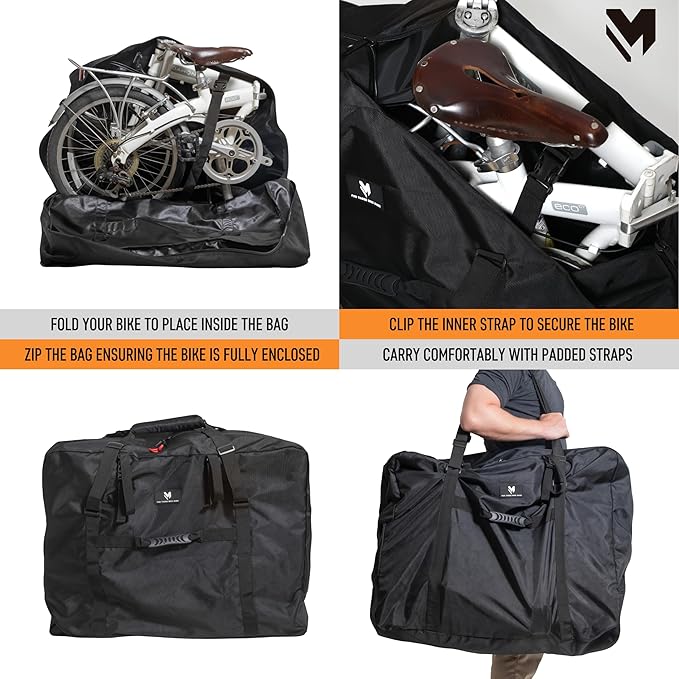lamaki Bike Travel Bag, Folding Bike Bag 14-20 inch - Universal Fit - Heavy Duty 1680D Nylon, Premium Metal Zippers, Roll up for Storage - Bike Travel Case