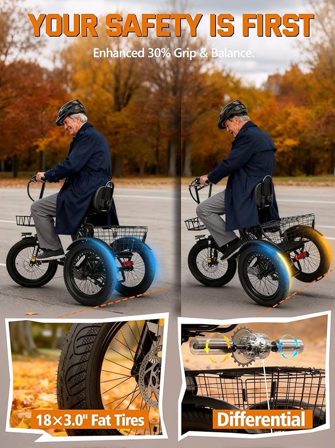 T300 Adults Electric Trike Bike, 1200W Peak Motor & 624Wh Removable Battery,18x3.0 Fat Tire Foldable 3-Wheel E-Bike with Step-Thru Design, Up to 65 Miles, Gift for Parents