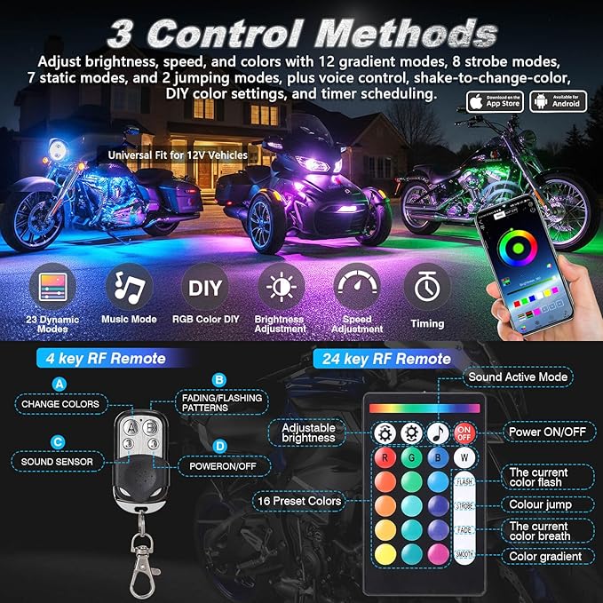 24PCS Motorcycle RGB LED Lights Kit with Brake Turn Signal, Motorcycle Underglow Lights with APP/RF Remote, Multicolor Dual Zone Neon Accent Waterproof 12V for Touring, Trike & Custom Show Motorcycle