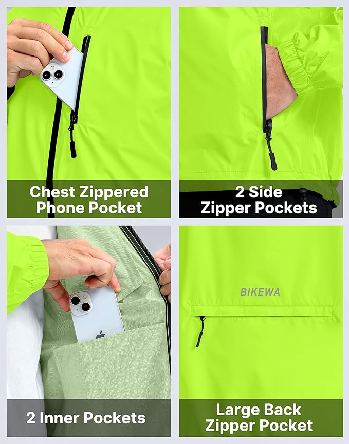 Bikewa Men's Cycling Rain Jackets Waterproof Running Bike Windbreaker Lightweight Packable Hooded Jacket