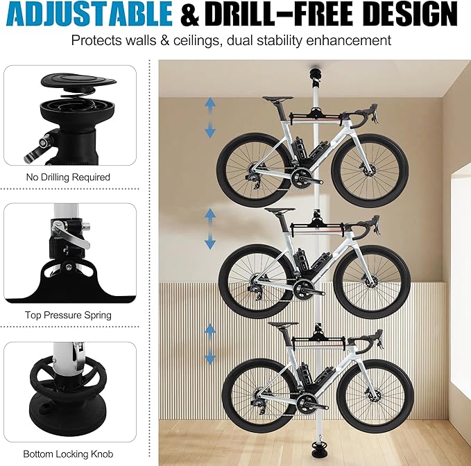 3 Bike Storage Rack, Floor to Ceiling Bike Vertical Freestanding Hanger Parking Rack, 360° Adjustable Hook Indoor Bike Storage Pole Stand, Floor Parking Cycle Organizer for Garages or Apartments