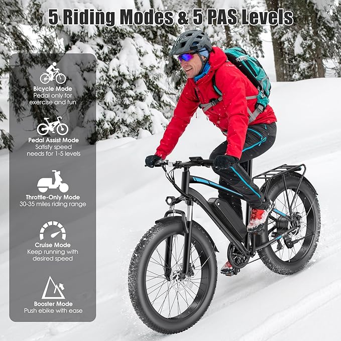 Electric Bike for Adults, 1000W Peak 25MPH 60Miles Ebike,48V 13AH Battery Electric Mountain Bike, 26" x 4'' Fat Tire Electric Bicycle with Rear Rack, Fenders, 7 Speed, UL 2849 Certified