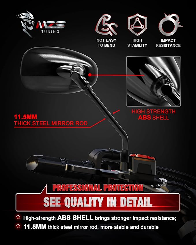 MZS Motorcycle Mirrors 10MM, Universal 360 Degree Adjustable Rear View Side Mirror Handlebar Mount ABS Black Compatible with Street Bike Touring Cruiser Adventure Scooter Coolster Moped GY6