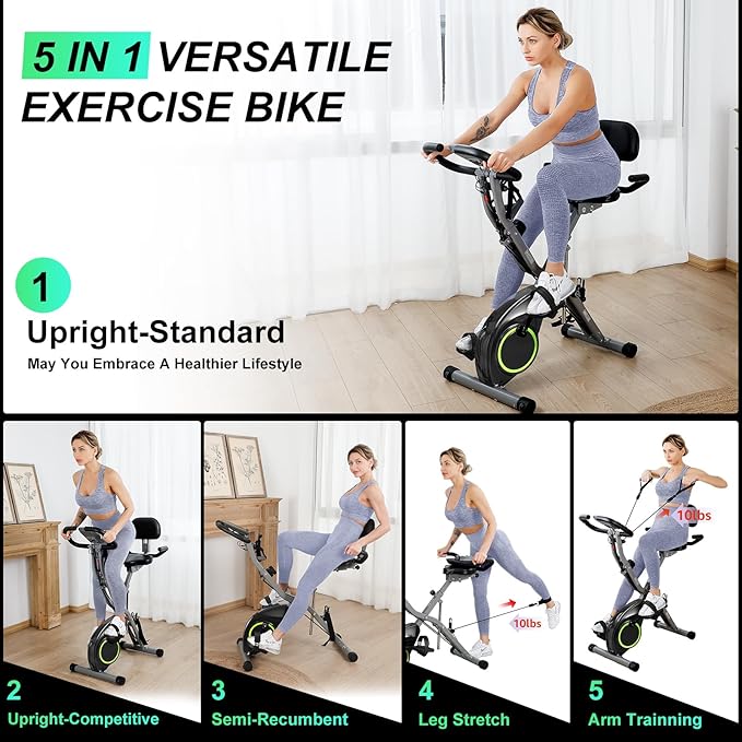 Folding Exercise Bike for Seniors, 5 IN 1 Foldable Stationary Bike with Tri-Position Ride, 300LBS Capacity and 6.6 LBS Magnetic Flywheel, Designed for Home Workout