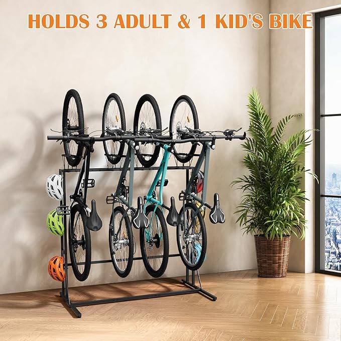 OYEAL Vertical Bike Stand, Free Standing Bike Rack Garage with 6 Hooks, Indoor/Outdoor Floor Bike Storage for 3 Adult Mountain/Road &1 Kids Bikes, Max Tire Width 2.6”, Black