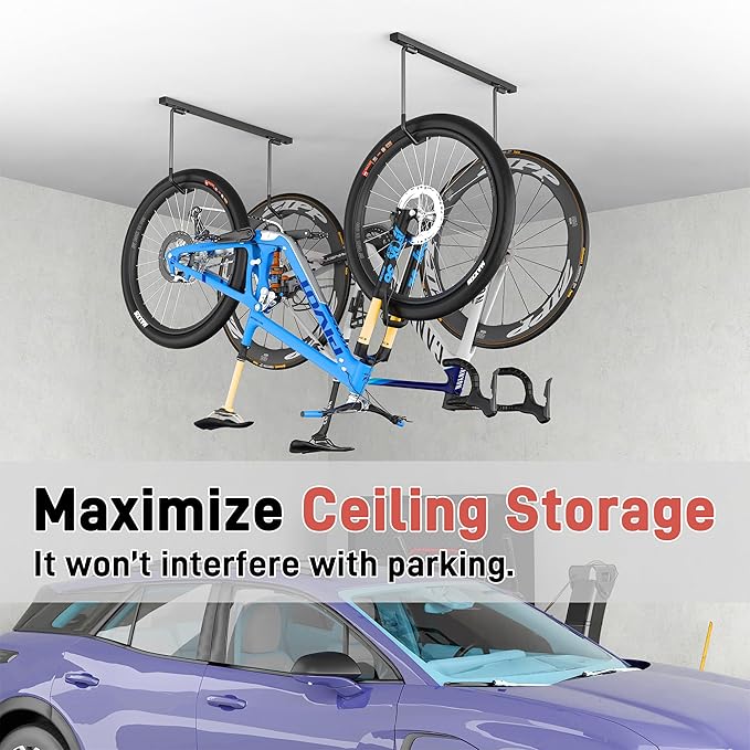 Ultrawall Ceiling Bike Rack for Garage, Indoor Bike Storage Hanger for up to 2 Bikes (Horizontally), 4 Bikes (Vertically) with Adjustable Cycling Hooks, 25 Inch