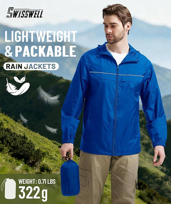 SWISSWELL Mens Rain Jacket & Coats Packable Lightweight Waterproof Windbreaker Hooded for Golf Cycling Hiking