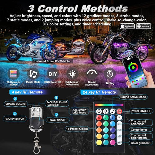12PCS Motorcycle RGB LED Accent Lights with APP & RF Remote, Waterproof Frame & Engine Underglow Pods with Brake Turn Signal, 12V for Harley, Cruiser, Street, Sport Bike, Dirt Bike