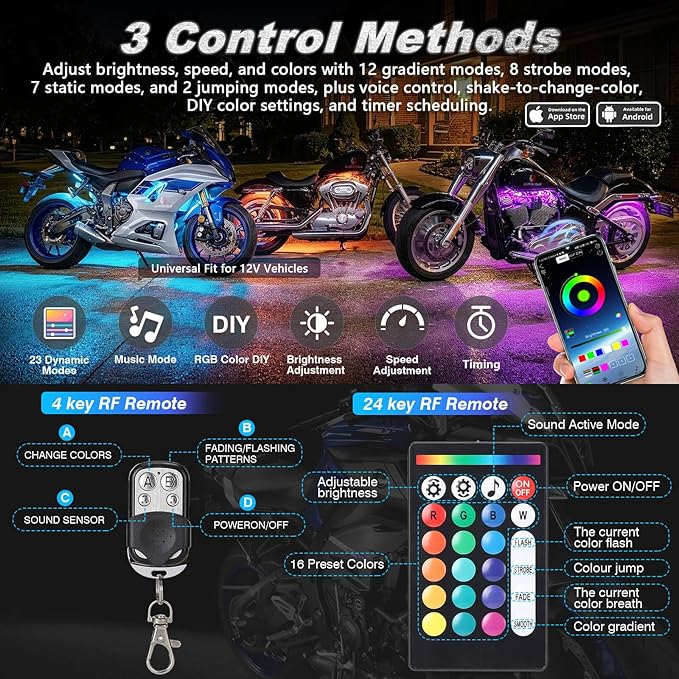 16PCS Motorcycle RGB LED Accent Lights with APP&RF Remote, Waterproof Frame & Engine Underglow Pods with Brake Turn Signal, 12V for Harley, Cruiser, Street, Touring, Sport Bike, Dirt Bike