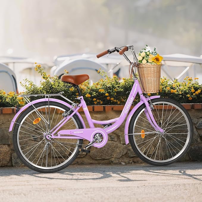 Outroad Beach Cruiser Bike, 24/26 inch Commuter Bicycle for Adult and Women,High-Carbon Steel Comfortable City Bikes with Rear Rack and Basket, (Black/Pink/White/Green/Purple)