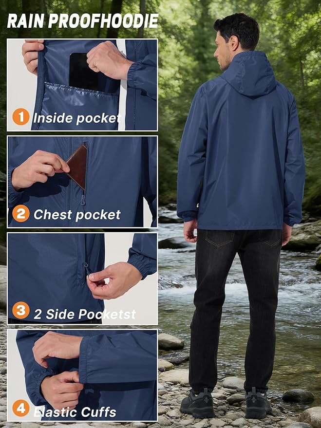 Men's Cycling Jacket Rain Jacket Waterproof Windbreaker Raincoat Running Hiking Gear Hood Lightweight Packable
