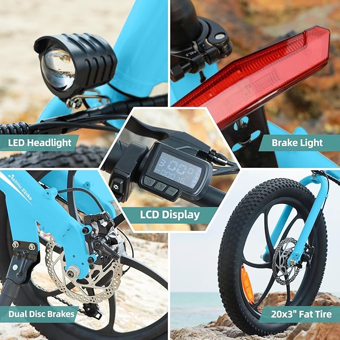 20" Folding Electric Bike for Adults, 850W Lightweight Foldable Ebike, 4lbs,60+ Mile Range, 25mph Top Speed, Fat Tire Electric Bicvcle