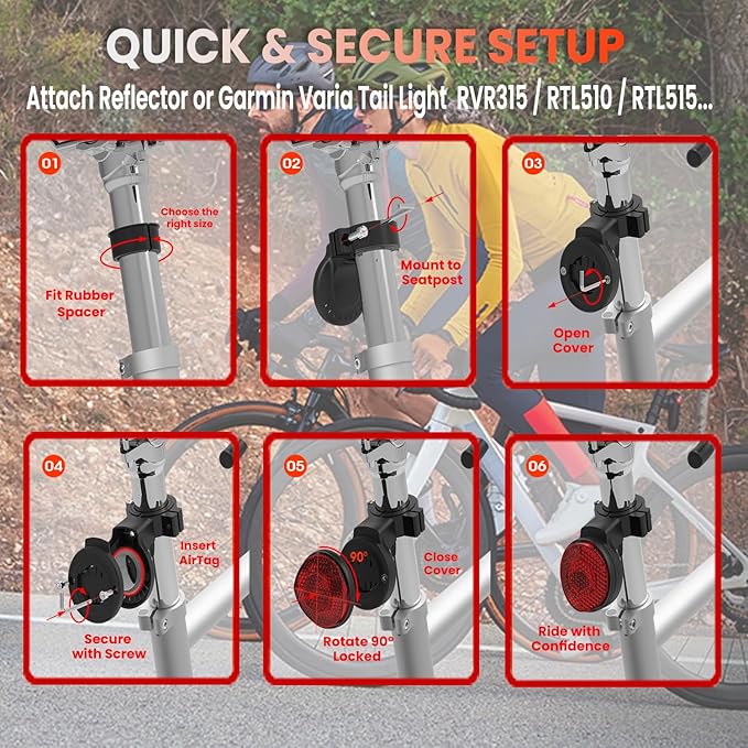 Hidden Bike GPS Tracker Mount – Compatible with Apple AirTag & Garmin Varia, Anti-Theft Reflector Seatpost Holder for Mountain, Road, Electric Bikes