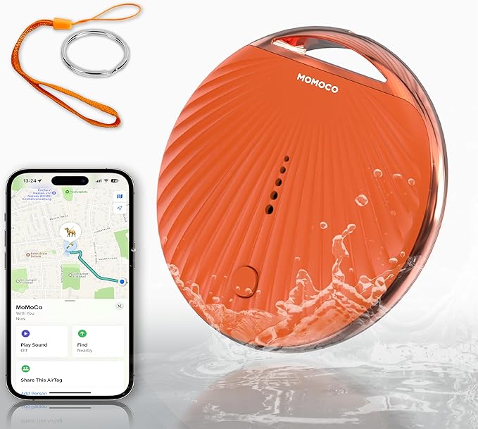 MoMoCo GPS Tracker – iOS Only No Subscription Required, Portable Real-Time GPS Tracking Device for Dogs,Compatible with Apple Find My, Location Tracker for Vehicles/Keys/Luggage (Orange)