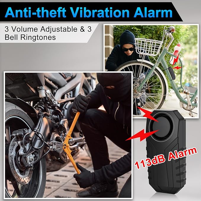 Bike Alarm, Bike Alarms for Ebikes, Anti Theft Wireless Vibration Sensor Alarm for Motorcycle Electric Scooter Moped Trailer Car Mailbox Garage Door 113dB Super Loud IP65 Waterproof