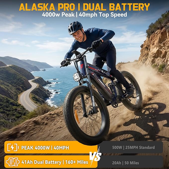 FREESKY Dual Battery 48V 41AH 160 Mile 40MPH Electric Bike for Adults, 4000W High-Torque Single Motor Long Range Fast Fat Tire Ebike, 26" Full Suspension Mountain E Bike, UL 2849 Certified by TÜV