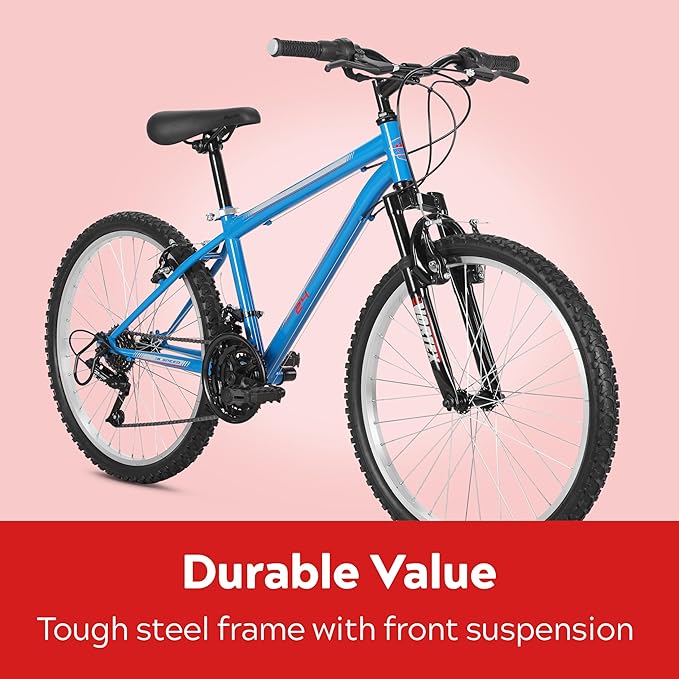 Pacific Mountain Sport Bike, 24 or 26 inch Mountain Bike for Youth and Adults, 18 Speed, Steel Frame, Knobby Tires, Front Suspension Fork, Twist Shifters, Linear Pull Brakes, Youth and Adult Bicycle