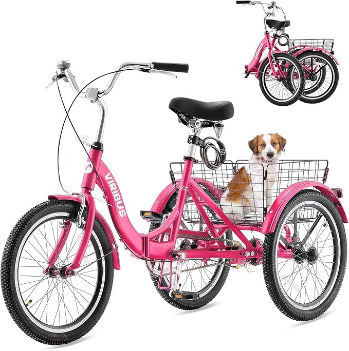 VIRIBUS Folding Tricycle for Adults, 20 inch Foldable Adult Tricycle 1 or 7 Speed Speed with Basket, Folding 3 Wheel Bikes for Adults Senior Women Men, Collapsible Mini Trike, Three Wheeler 330lb.
