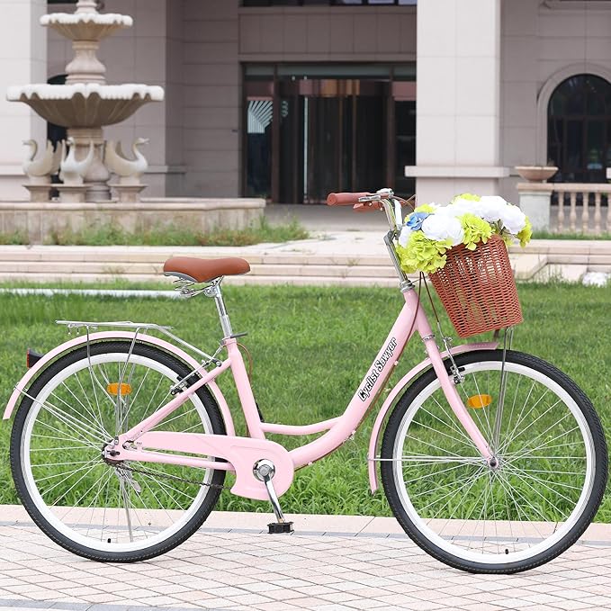 24/26 Inch Adult Comfort Bike for Women, Women Commuter Bicycle Single Speed with Rear Rack and Basket, Comfortable City Bikes Ergonomic Upright Design for Women, Men and Teens