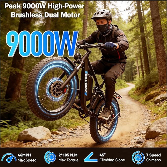 9000W Peak Dual Motor Electric Bike for Adults 46MPH,100Miles Long Range Ebike,7 Speeds,52V 34Ah Removable Battery,Full Suspension 24" Fat Tire E Bike for Mountain Off-Road Commuter Snow