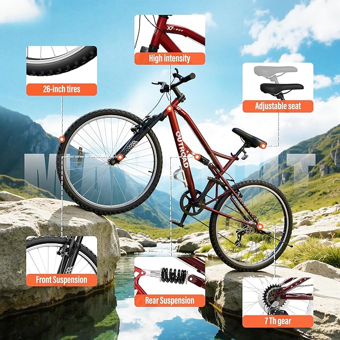 26 inch 7-Speed Commuter Bicycle,Hybrid Bicycle,Men's Cruiser Bike/Mountain Bike V Brake,Metal Frame, Adult Bike (Black, White, Blue, Green, Purple, Pink)