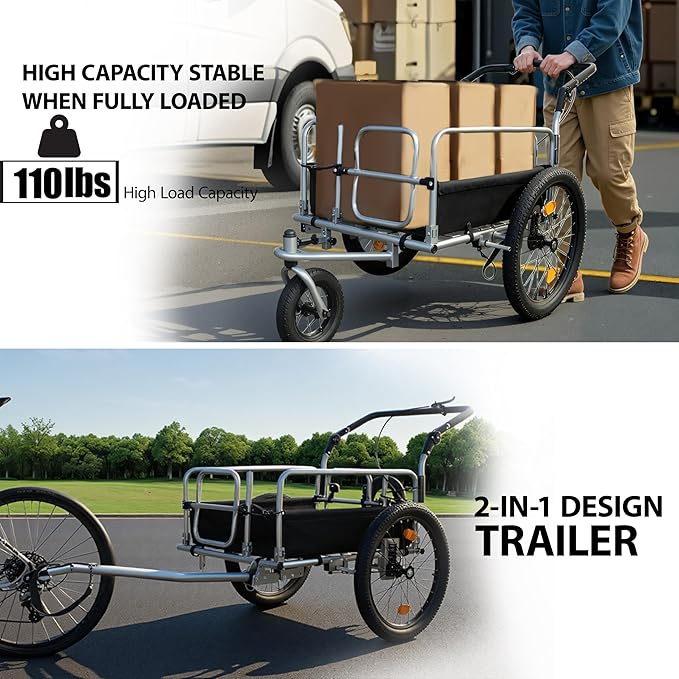 Lightweight Bicycle Trailer, Foldable Bike Cargo Trailer with Universal Hitch, 3-in-1 Portable Bicycle Trailers Folding, for Camping, Groceries, 110 LBS Load Capacity